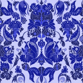Vintage damask Rococco purple, lilac, indigo on  lavender  linen effect 18” repeat