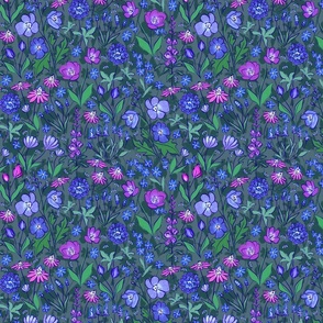Dreamy night whimsical cottage flowers with blue and purple tones (small size version)