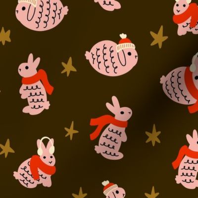 Rabbits Dressed in Scarves and Hats Pattern (brown/pink/red)