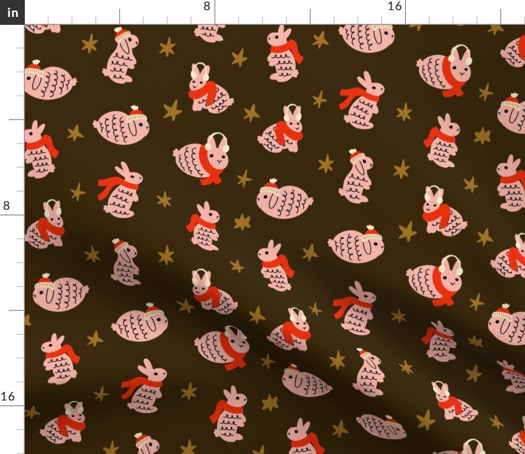 Rabbits Dressed in Scarves and Hats Pattern (brown/pink/red)