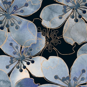 Charming Watercolor Floral Design In Pastel Blue Grey On Black Smaller Scale