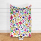 Bold multicolor flowers Spring garden Watercolor Rainbow White Jumbo Large
