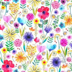 Bold multicolor flowers Spring garden Watercolor Rainbow White Jumbo Large