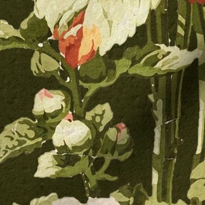 Vintage floral Holly hock garden on army green,  Large