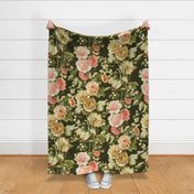 Vintage floral Holly hock garden on army green,  Large