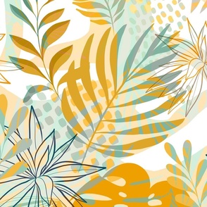 LARGE - Abstract Lush Tropical boho Garden 1. Mustard and Teal