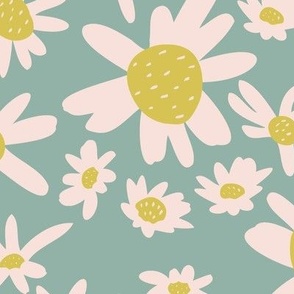 Effortless Daisies - 4" flowers - Off White Flowers on Light Teal Blue Green