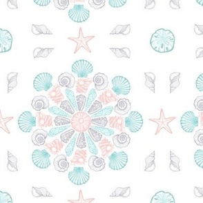 Seafoam Silver and Coral Shell Mandala Design 2 - Sm