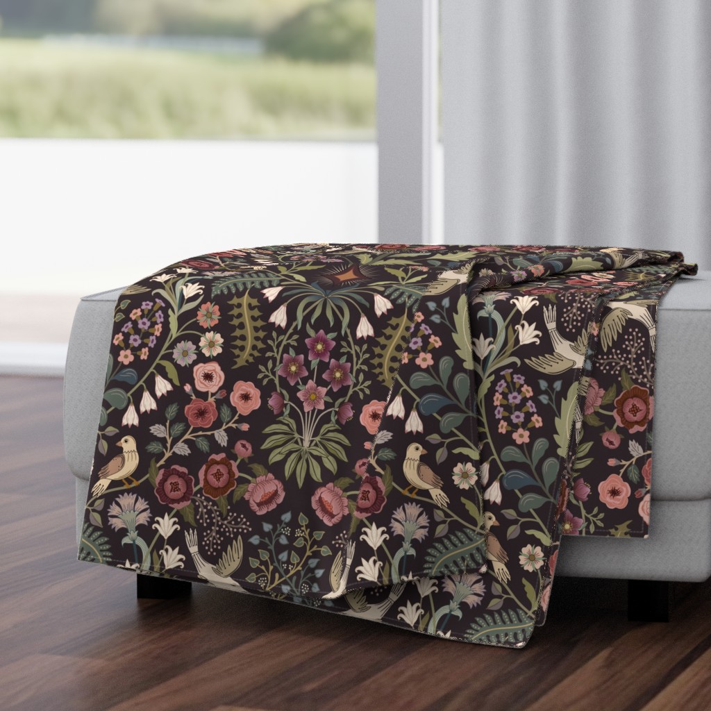 Lively Garden - traditional floral with folk art birds - warm greens, pinks, red, burgundy - extra large