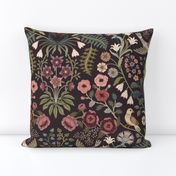 Lively Garden - traditional floral with folk art birds - warm greens, pinks, red, burgundy - extra large