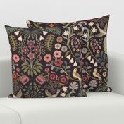 Lively Garden - traditional floral with folk art birds - warm greens, pinks, red, burgundy - extra large