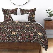 Lively Garden - traditional floral with folk art birds - warm greens, pinks, red, burgundy - extra large