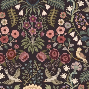 Lively Garden - traditional floral with folk art birds - warm greens, pinks, red, burgundy - extra large