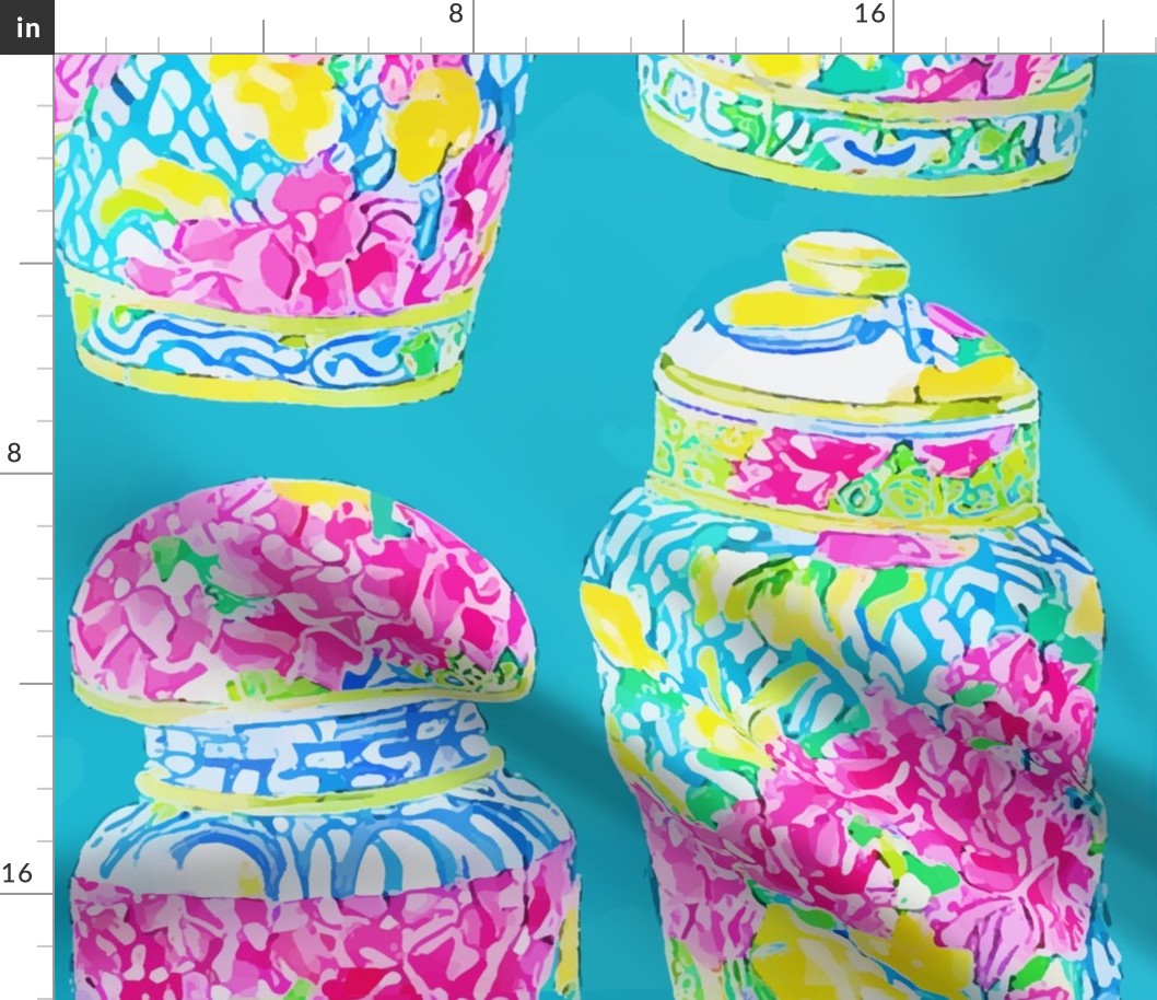 Fantasy chinoiserie jars on turquoise
