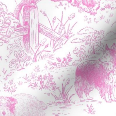 Country Dogs Toile Pink on White