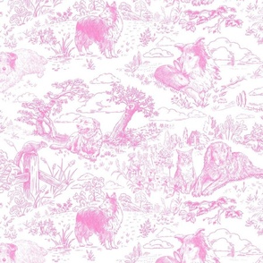 Country Dogs Toile Pink on White