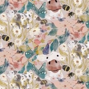 When the Cows Come Home||SMALL||Watercolor Style  Apple Blossom Cows, Bees, Butterflies, and Daisies on Lilac Tan (SMALL)