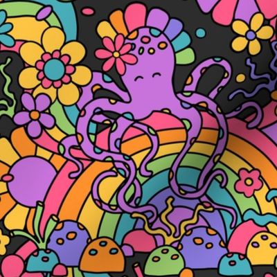 Octopus' Psychedelic Floral Garden Grey BG - Large Scale