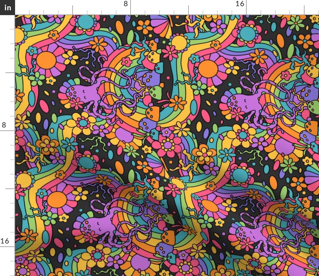 Octopus' Psychedelic Floral Garden Grey BG Rotated - Large Scale