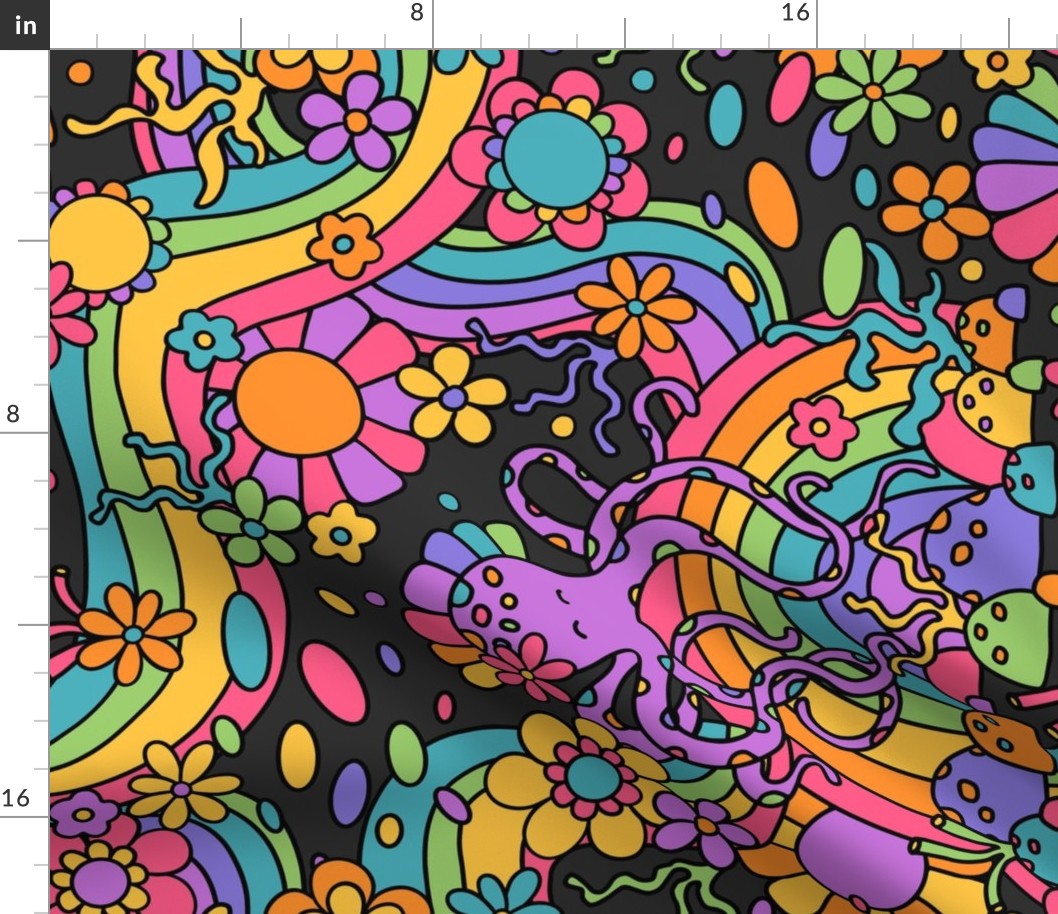 Octopus' Psychedelic Floral Garden Grey BG Rotated - XL Scale