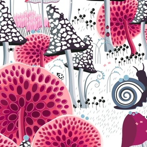 New version, Snails walking among fabulous mushrooms on a white background, Large scale