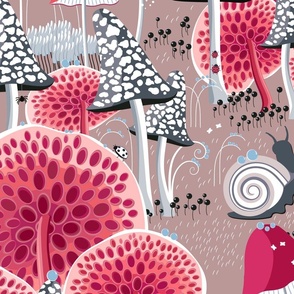 New version, Snails walking among fabulous mushrooms on a dark beige background, Large scale