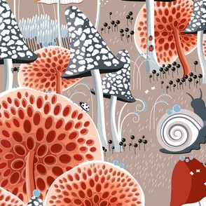 New version, Snails walking among fabulous mushrooms on a beige background, Large scale