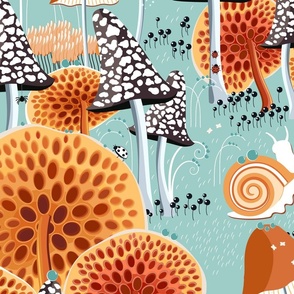 New version, Snails walking among fabulous mushrooms on a light blue background, Large scale