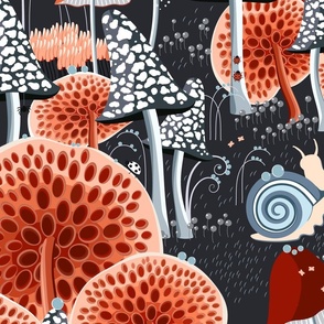 New version, Snails walking among fabulous mushrooms on a black background, Large scale