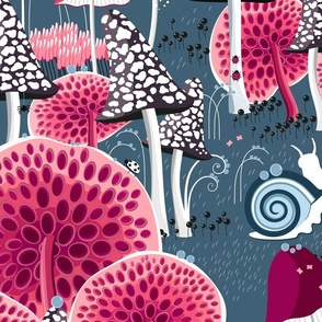 New version, Snails walking among fabulous mushrooms on a dark blue background, Large scale