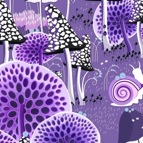 New version, Snails walking among fabulous mushrooms on a purple background, Large scale