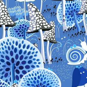 New version, Snails walking among fabulous mushrooms on a bright blue background, Large scale