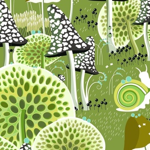 New version, Snails walking among fabulous mushrooms on a dark green background, Large scale