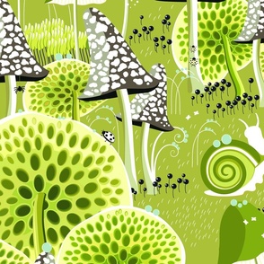 New version, Snails walking among fabulous mushrooms on a green background, Large scale