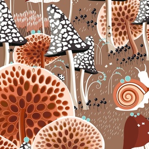 New version, Snails walking among fabulous mushrooms on a brown background, Large scale