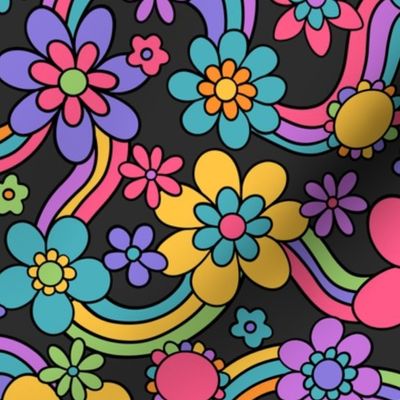 Psychedelic Floral Garden Grey BG - Large Scale