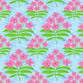 Nature flowers hot pink green leaves blue indigo texture baby blue azure background