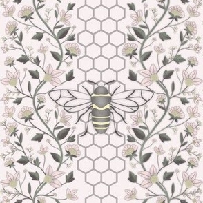 Bee in the Honeycomb and Vines // Yellow, Gray and Soft Pink // Small