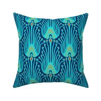 ART DECO PEACOCK FLOWER - TURQUOISE, RED AND ORANGE ON DARK BLUE