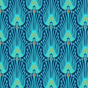 ART DECO PEACOCK FLOWER - TURQUOISE, RED AND ORANGE ON DARK BLUE