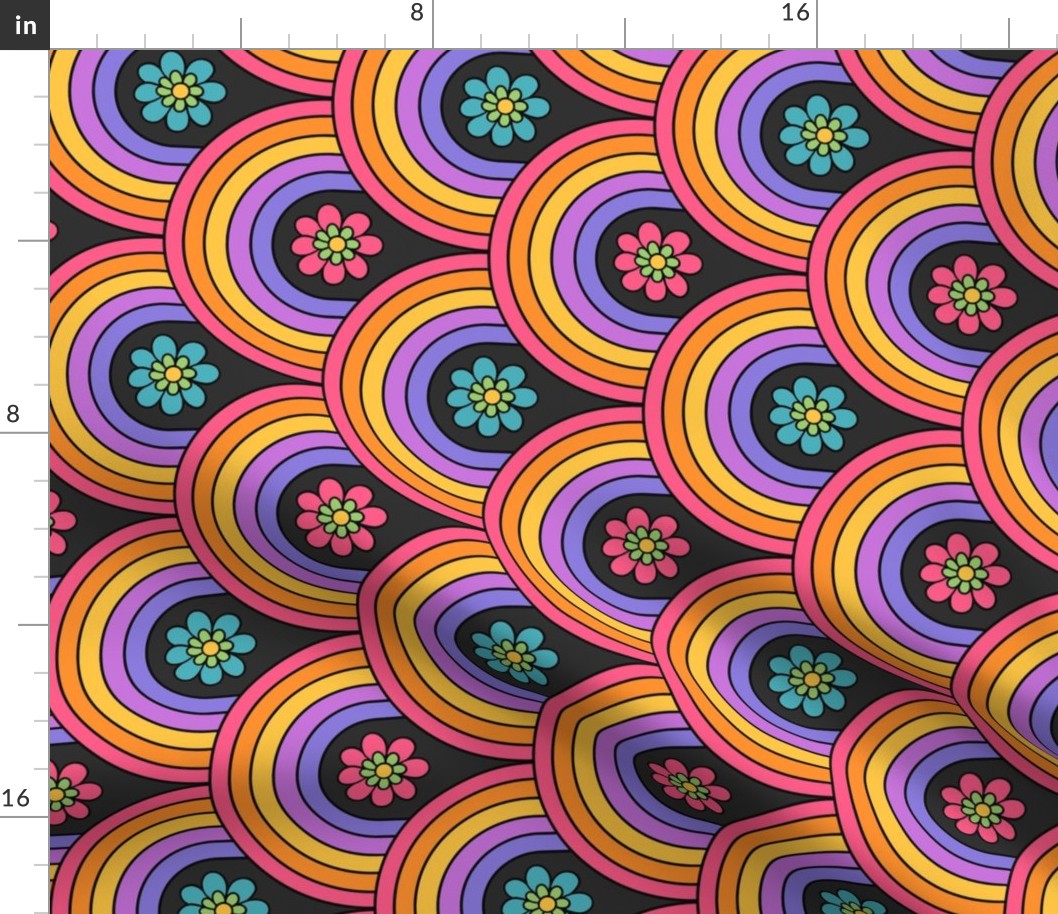 Psychedelic Floral Rainbows Grey BG Rotated- Large Scale