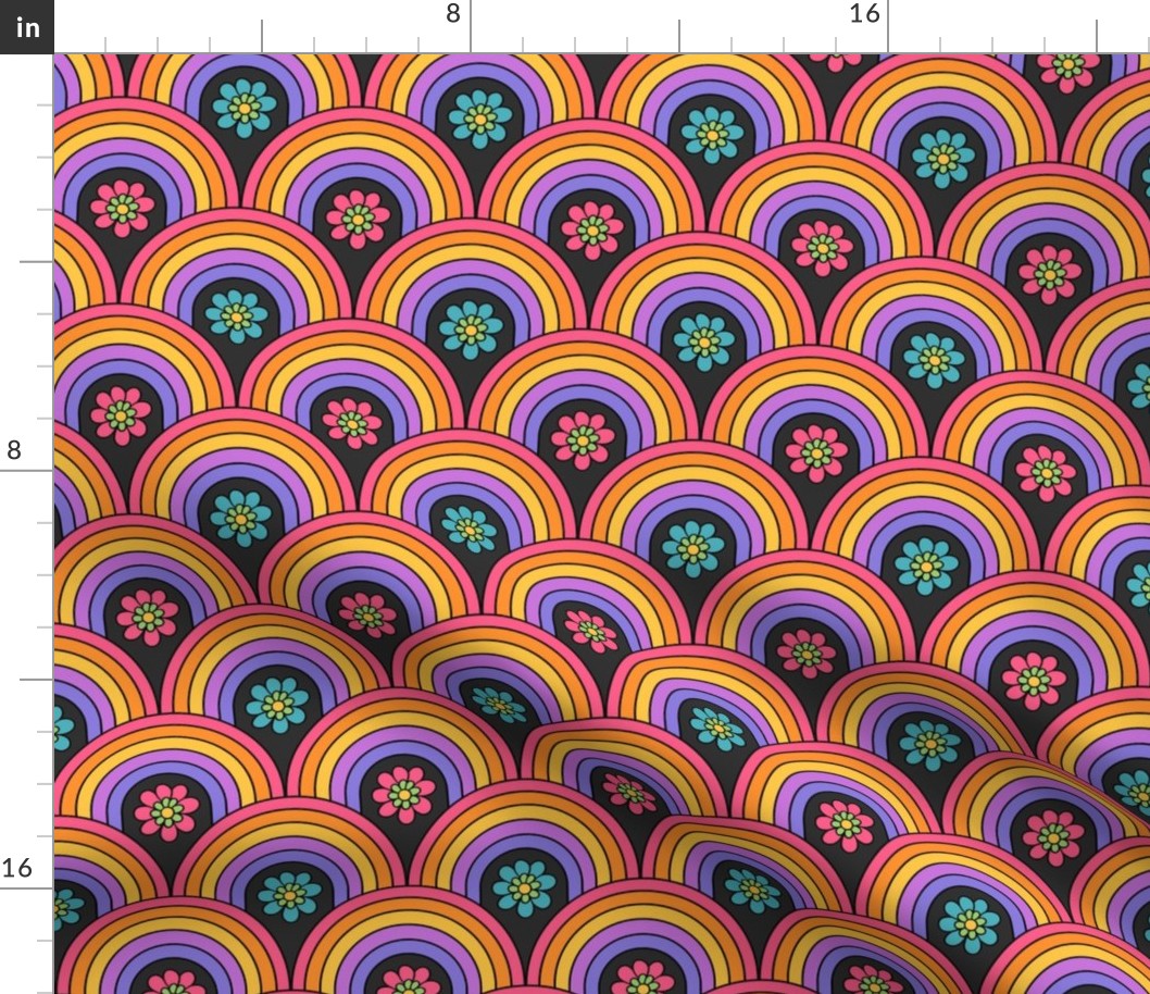 Psychedelic Floral Rainbows Grey BG - Medium Scale
