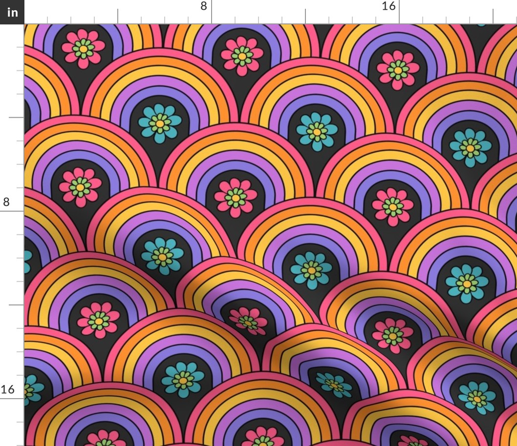 Psychedelic Floral Rainbows Grey BG - Large Scale