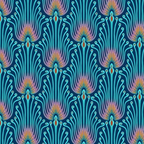 ART DECO PEACOCK FLOWER - TURQUOISE, RED, MAGENTA AND YELLOW ON DARK BLUE