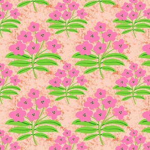 Nature flowers hot pink green leaves  brown copper texture brown beige background