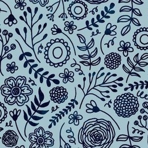 whimsical hand drawn florals blue background large
