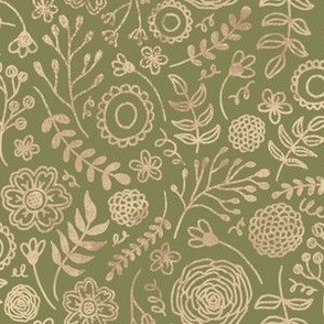 whimsical pink hand drawn florals green background large