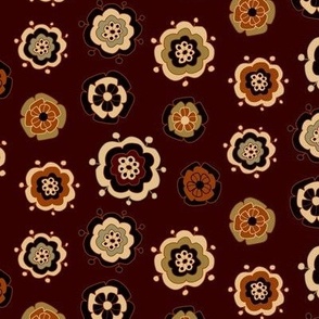 medium-Retro Flowers 3 - tossed simple Indian-style whimsical florals in autumnal shades of Burnt Sugar and caramel