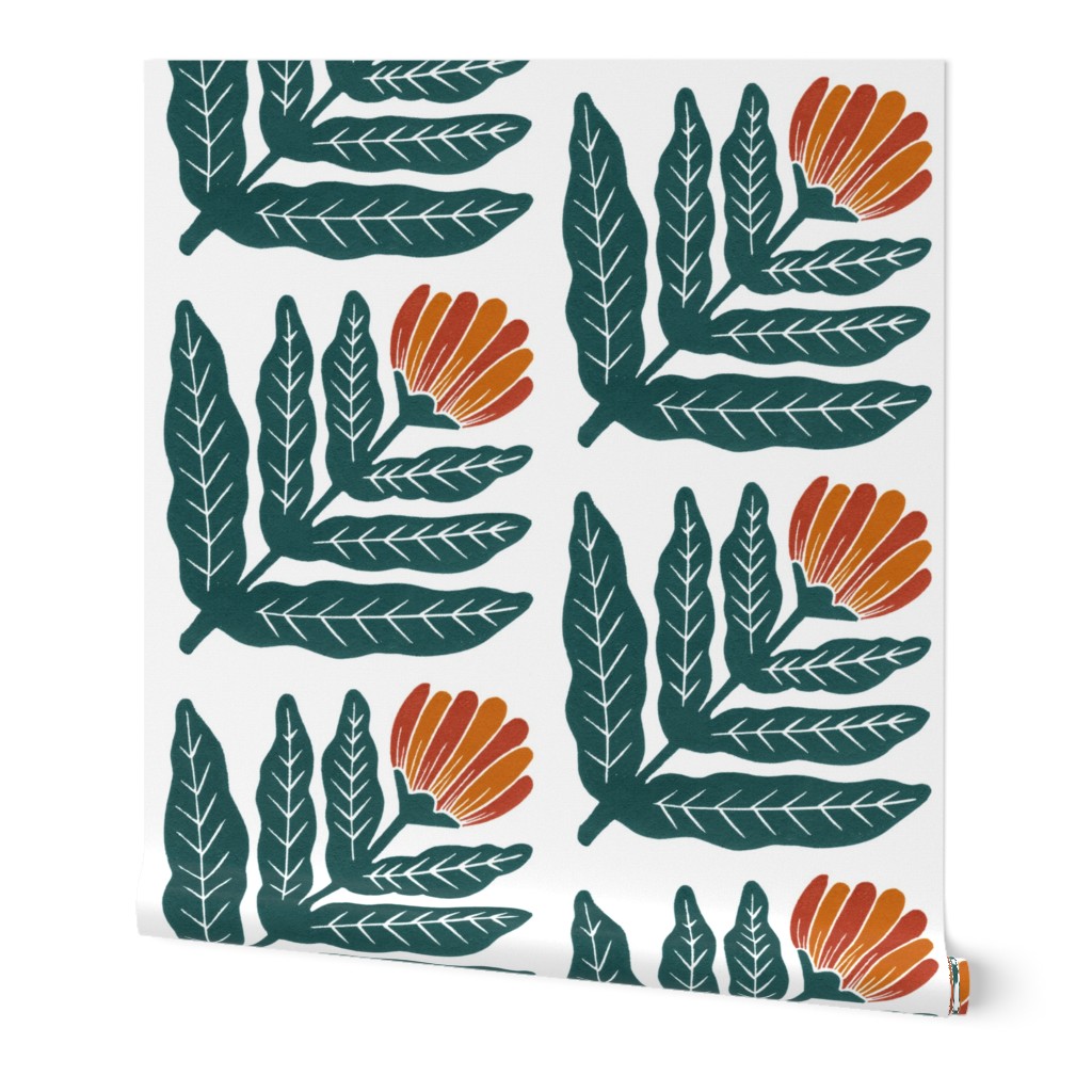 Block Print Large Leaves Corner Flower - Green & Amber | LARGE SCALE