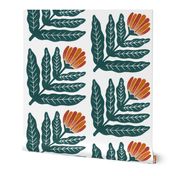 Block Print Large Leaves Corner Flower - Green & Amber | LARGE SCALE